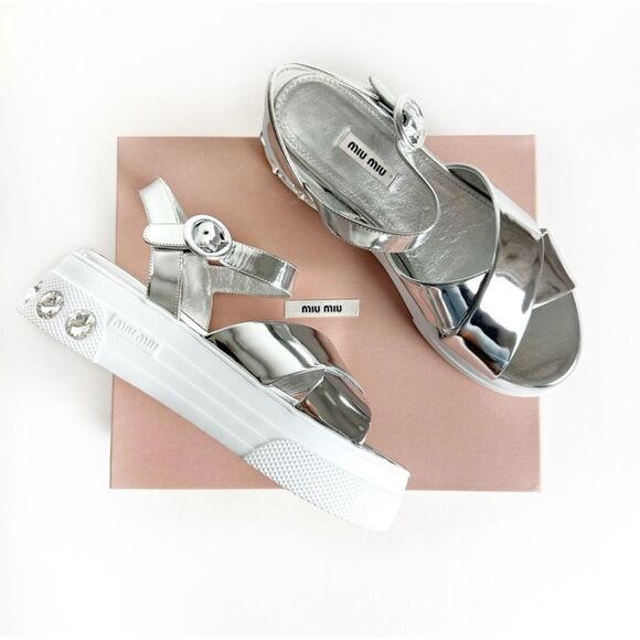 Miu Miu Shoes - MIU MIU Jewel Platform Sandals Size 39.5 US 9 Silver Mirror Ankle Strap Flat